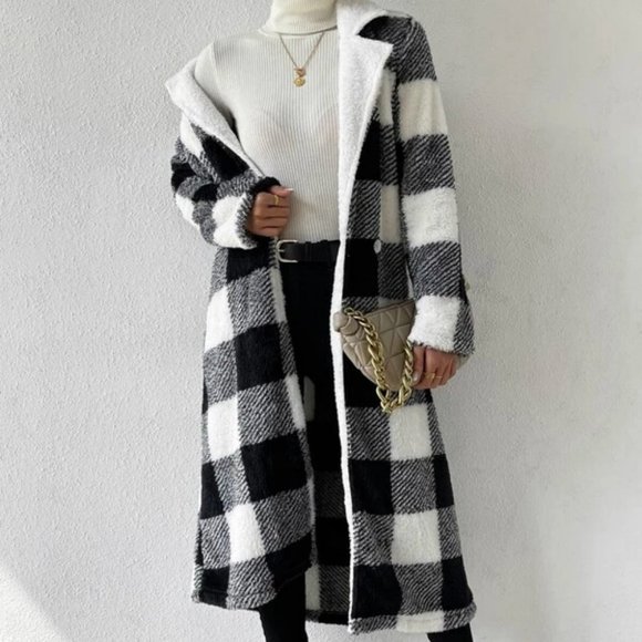 Black white Buffalo Plaid Open Front Flannel Longline Coat Jacket - Picture 1 of 6